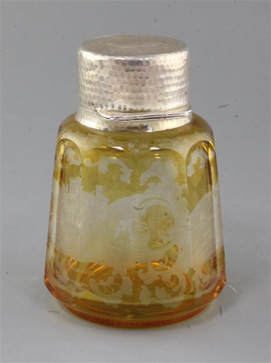 A German amber coloured spar glass perfume bottle, late 19th century, total height 15cm